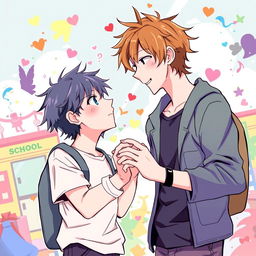 A vibrant and dynamic illustration of a romantic scene featuring two male characters inspired by the style of yaoi manga