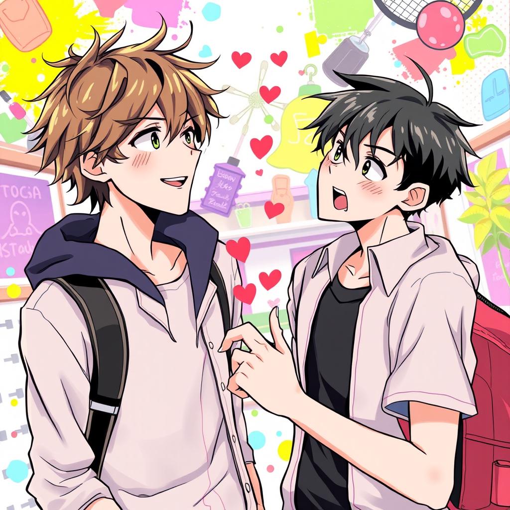 A vibrant and dynamic illustration of a romantic scene featuring two male characters inspired by the style of yaoi manga