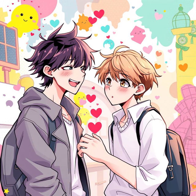 A vibrant and dynamic illustration of a romantic scene featuring two male characters inspired by the style of yaoi manga