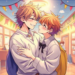 A vibrant and intimate illustration of a romantic scene featuring two male characters inspired by yaoi manga