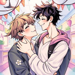 A vibrant and intimate illustration of a romantic scene featuring two male characters inspired by yaoi manga