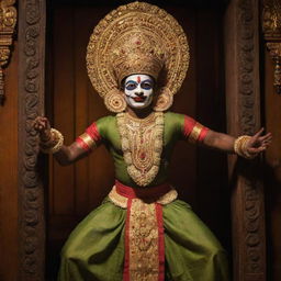 A Kathakali performer in vibrant face paint and elaborate costume, striking a dramatic pose on stage under warm lighting, with an intricately carved wooden door of a Kerala temple in the backdrop.