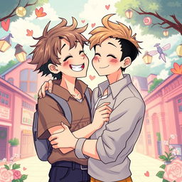 A lively and engaging illustration showcasing a romantic scene inspired by yaoi manga, featuring Todd from Wayside