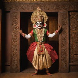 A Kathakali performer in vibrant face paint and elaborate costume, striking a dramatic pose on stage under warm lighting, with an intricately carved wooden door of a Kerala temple in the backdrop.