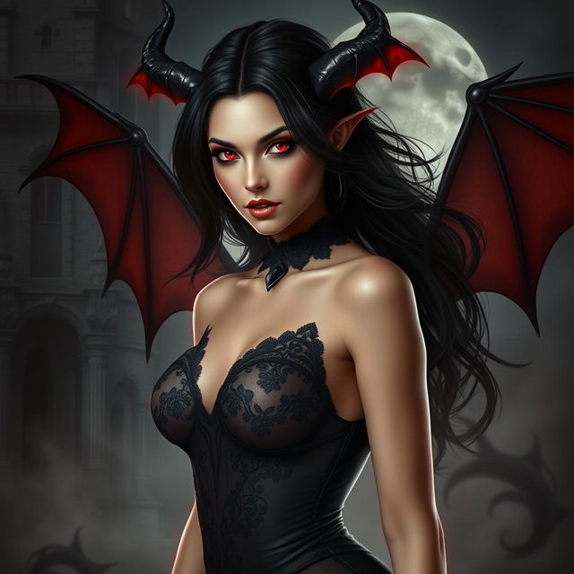 An alluring succubus in a mystical setting, with flowing dark hair and glowing red eyes, wearing a fitted dark-lacy outfit that enhances her captivating beauty