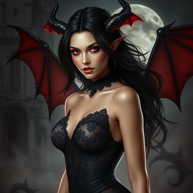 An alluring succubus in a mystical setting, with flowing dark hair and glowing red eyes, wearing a fitted dark-lacy outfit that enhances her captivating beauty