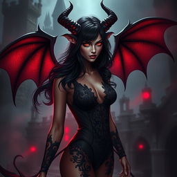 An alluring succubus in a mystical setting, with flowing dark hair and glowing red eyes, wearing a fitted dark-lacy outfit that enhances her captivating beauty