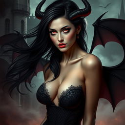 An alluring succubus in a mystical setting, with flowing dark hair and glowing red eyes, wearing a fitted dark-lacy outfit that enhances her captivating beauty