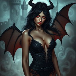 An alluring succubus in a mystical setting, with flowing dark hair and glowing red eyes, wearing a fitted dark-lacy outfit that enhances her captivating beauty