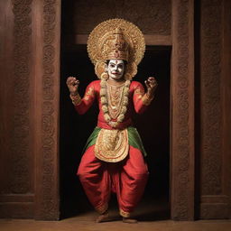 A Kathakali performer in vibrant face paint and elaborate costume, striking a dramatic pose on stage under warm lighting, with an intricately carved wooden door of a Kerala temple in the backdrop.