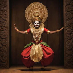 A Kathakali performer in vibrant face paint and elaborate costume, striking a dramatic pose on stage under warm lighting, with an intricately carved wooden door of a Kerala temple in the backdrop.