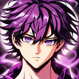 An enthralling portrait of an anime boy with viper-like features, his eyes and hair shimmering with a bewitching glow of purple. The image contains a mysterious aura that is both captivating and ethereal, all inspired by the exotic danger of the viper.