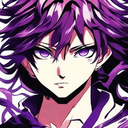 An enthralling portrait of an anime boy with viper-like features, his eyes and hair shimmering with a bewitching glow of purple. The image contains a mysterious aura that is both captivating and ethereal, all inspired by the exotic danger of the viper.