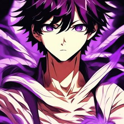 An enthralling portrait of an anime boy with viper-like features, his eyes and hair shimmering with a bewitching glow of purple. The image contains a mysterious aura that is both captivating and ethereal, all inspired by the exotic danger of the viper.