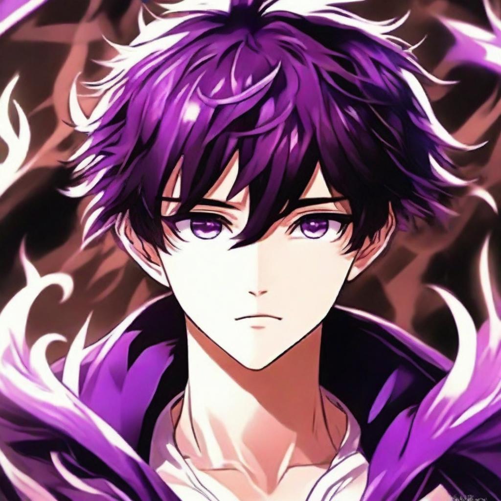 An enthralling portrait of an anime boy with viper-like features, his eyes and hair shimmering with a bewitching glow of purple. The image contains a mysterious aura that is both captivating and ethereal, all inspired by the exotic danger of the viper.