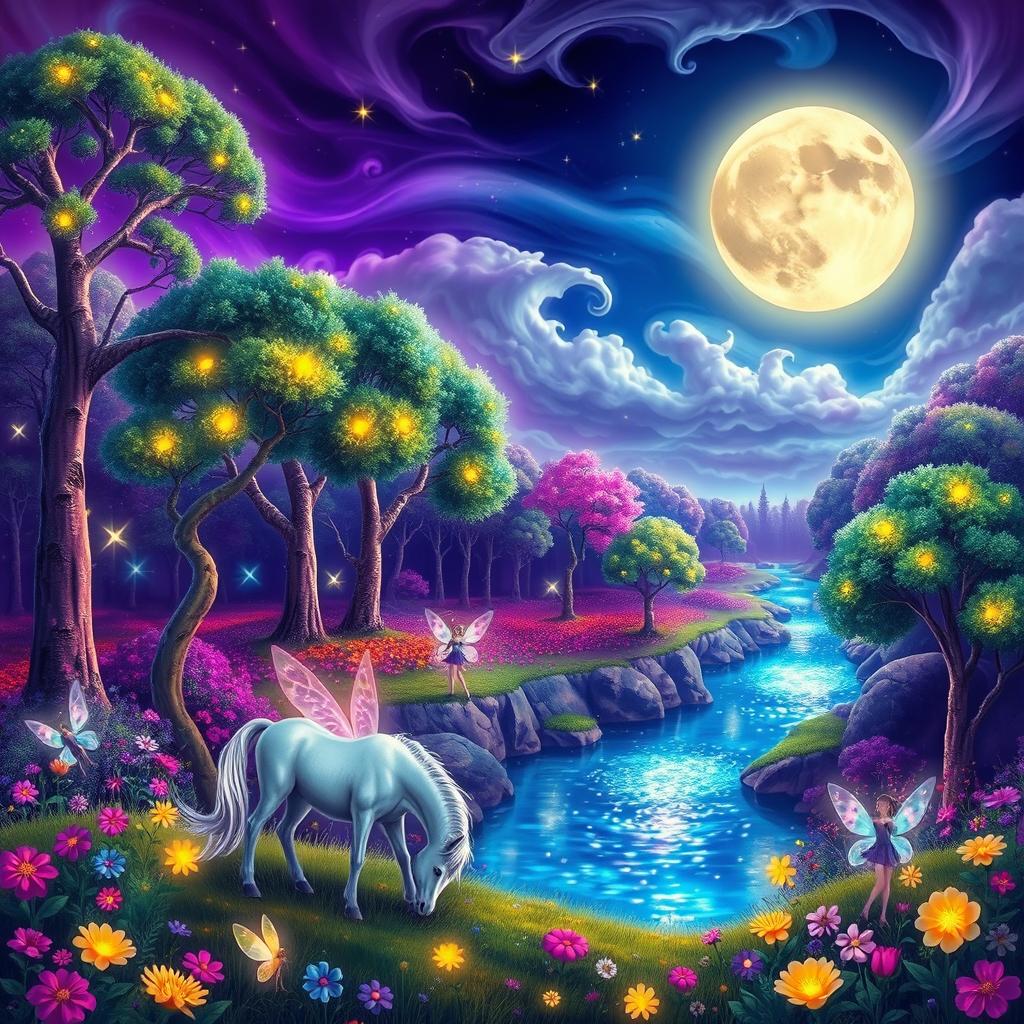 A vibrant and colorful fantasy landscape featuring a magical forest filled with glowing flowers, towering trees with luminescent bark, and a sparkling river that reflects the stars above