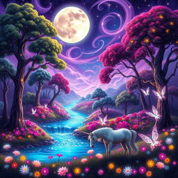 A vibrant and colorful fantasy landscape featuring a magical forest filled with glowing flowers, towering trees with luminescent bark, and a sparkling river that reflects the stars above