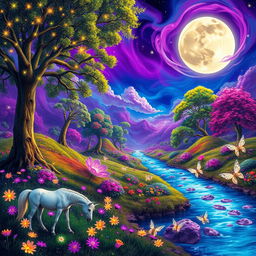 A vibrant and colorful fantasy landscape featuring a magical forest filled with glowing flowers, towering trees with luminescent bark, and a sparkling river that reflects the stars above