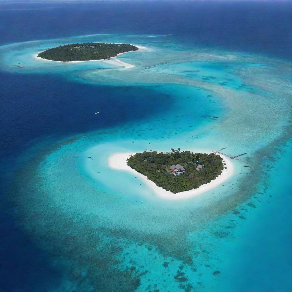 Aerial view of the Maldives, featuring turquoise waters surrounding a group of coral islands with white sandy beaches, thatched huts over the water, and vibrant underwater marine life.