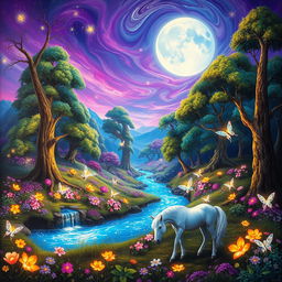 A vibrant and colorful fantasy landscape featuring a magical forest filled with glowing flowers, towering trees with luminescent bark, and a sparkling river that reflects the stars above