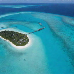 Aerial view of the Maldives, featuring turquoise waters surrounding a group of coral islands with white sandy beaches, thatched huts over the water, and vibrant underwater marine life.