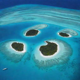 Aerial view of the Maldives, featuring turquoise waters surrounding a group of coral islands with white sandy beaches, thatched huts over the water, and vibrant underwater marine life.