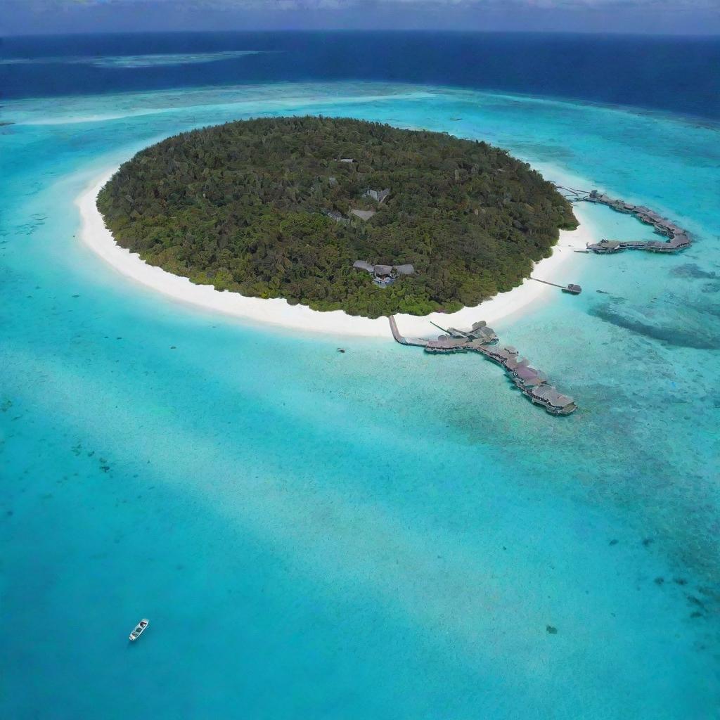 Aerial view of the Maldives, featuring turquoise waters surrounding a group of coral islands with white sandy beaches, thatched huts over the water, and vibrant underwater marine life.