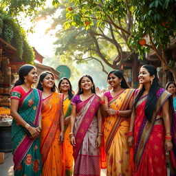 A vibrant, joyful street scene in India, showcasing a group of teenage girls laughing and playing together