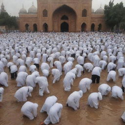 A bright scene in which people are moving in groups towards a mosque, their faces filled with relief and joy, the ground beneath their feet wet from the recent rain, to offer their prayers of thanks