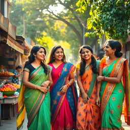 A vibrant, joyful street scene in India, showcasing a group of teenage girls laughing and playing together