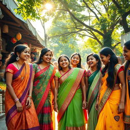 A vibrant, joyful street scene in India, showcasing a group of teenage girls laughing and playing together