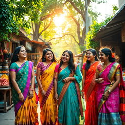 A vibrant, joyful street scene in India, showcasing a group of teenage girls laughing and playing together