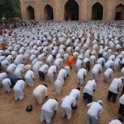 A bright scene in which people are moving in groups towards a mosque, their faces filled with relief and joy, the ground beneath their feet wet from the recent rain, to offer their prayers of thanks