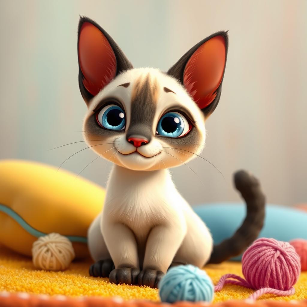 A charming Siamese cat character designed in a vibrant Pixar style