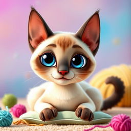 A charming Siamese cat character designed in a vibrant Pixar style