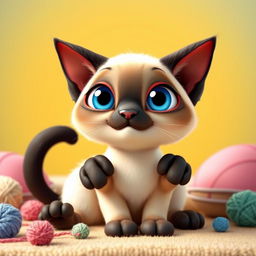 A charming Siamese cat character designed in a vibrant Pixar style