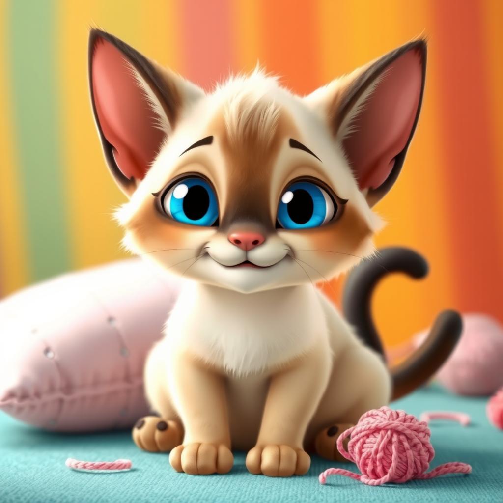 A charming Siamese cat character designed in a vibrant Pixar style