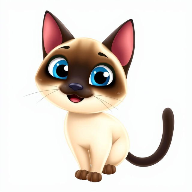 A charming Siamese cat character designed in a vibrant Pixar style, set against a transparent background