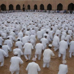 A bright scene in which people are moving in groups towards a mosque, their faces filled with relief and joy, the ground beneath their feet wet from the recent rain, to offer their prayers of thanks