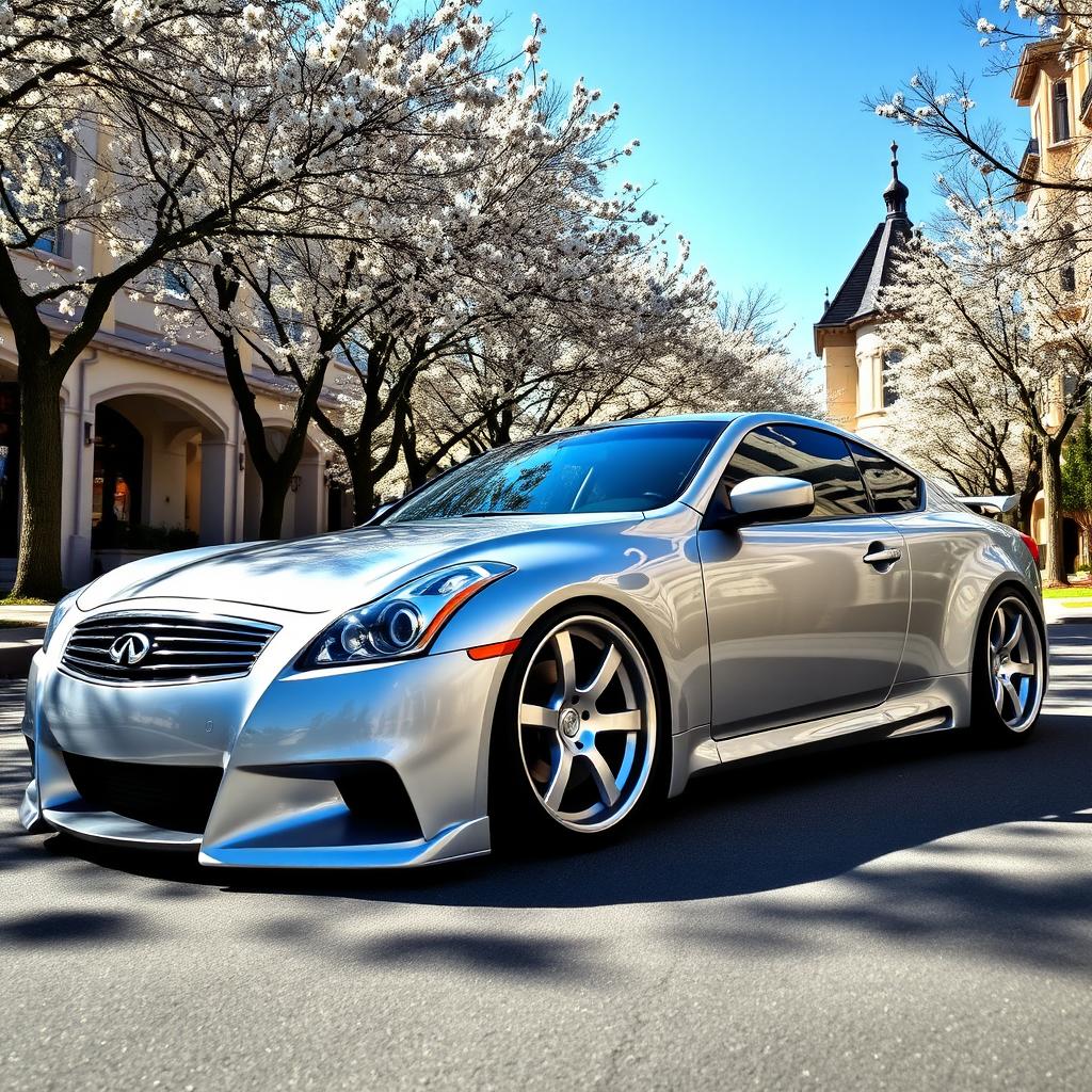 A stunning silver 2011 Infiniti G37 with a stanced appearance, showcasing a low ride height and wide body kit