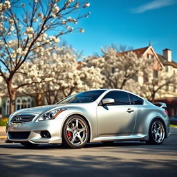 A stunning silver 2011 Infiniti G37 with a stanced appearance, showcasing a low ride height and wide body kit