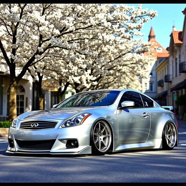 A stunning silver 2011 Infiniti G37 with a stanced appearance, showcasing a low ride height and wide body kit