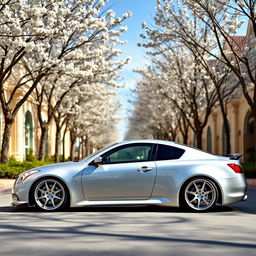 A stunning silver 2011 Infiniti G37 with a stanced appearance, showcasing a low ride height and wide body kit