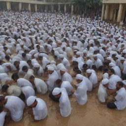 A bright scene in which people are moving in groups towards a mosque, their faces filled with relief and joy, the ground beneath their feet wet from the recent rain, to offer their prayers of thanks