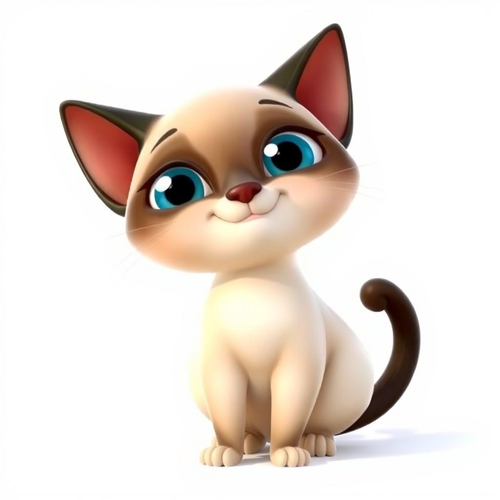 A delightful 3D Pixar-style Siamese cat character, presented against a transparent background