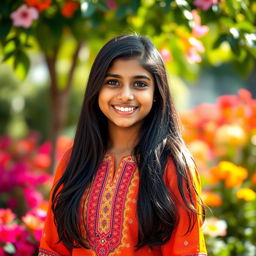 A beautiful Indian teenage girl with long black hair and warm brown skin, standing in a vibrant outdoor setting, perhaps in a lush garden filled with colorful flowers