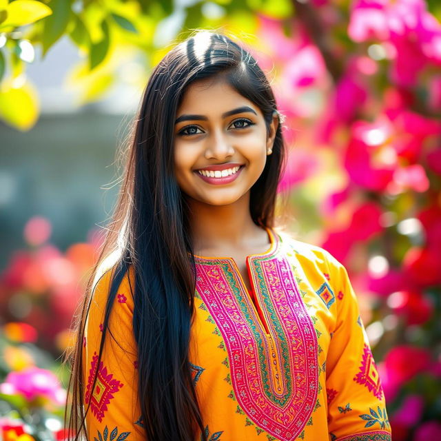 A beautiful Indian teenage girl with long black hair and warm brown skin, standing in a vibrant outdoor setting, perhaps in a lush garden filled with colorful flowers