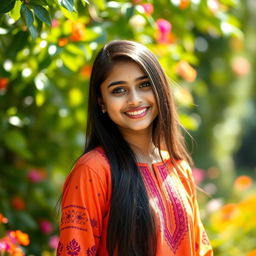 A beautiful Indian teenage girl with long black hair and warm brown skin, standing in a vibrant outdoor setting, perhaps in a lush garden filled with colorful flowers