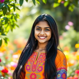 A beautiful Indian teenage girl with long black hair and warm brown skin, standing in a vibrant outdoor setting, perhaps in a lush garden filled with colorful flowers