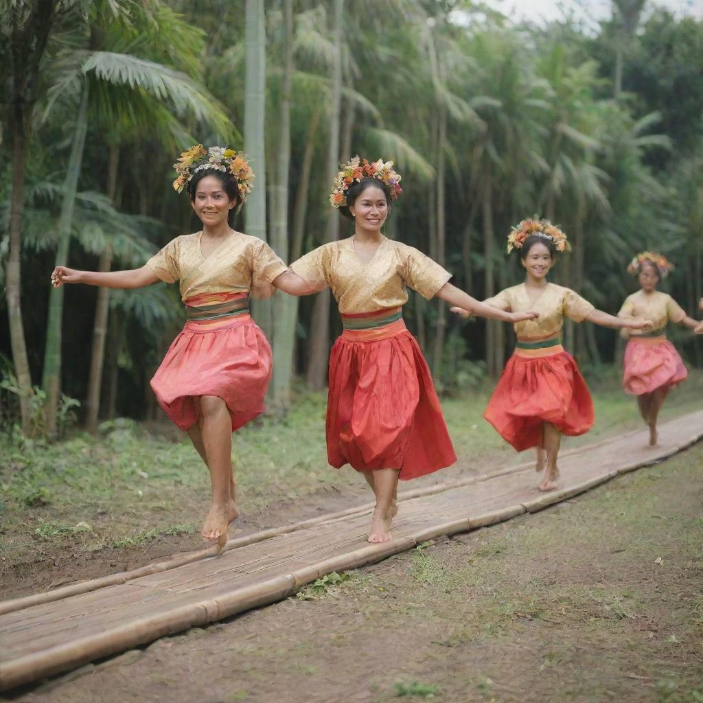 Tinikling dancers in traditional Philippine attire, gracefully hopping between bamboo poles, set against the backdrop of a rural community with lush tropical vegetation.